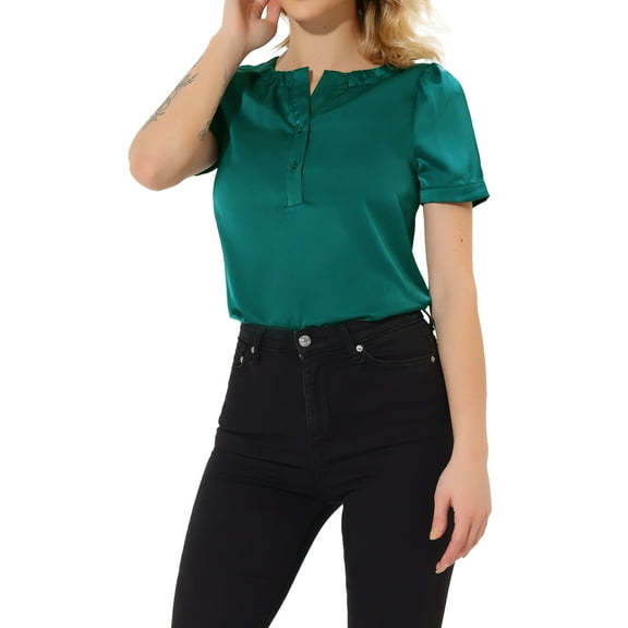 INSPIRE CHIC Women's Casual Henley Shirts Pleated Round Neck Puff Sleeve Blouse Top