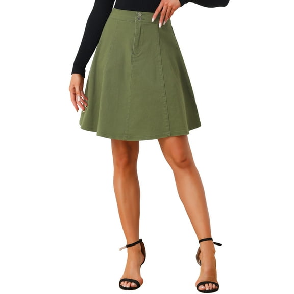 INSPIRE CHIC Women's Skirts High Waisted A-Line Flared Casual Jean Denim Skirt M Army Green