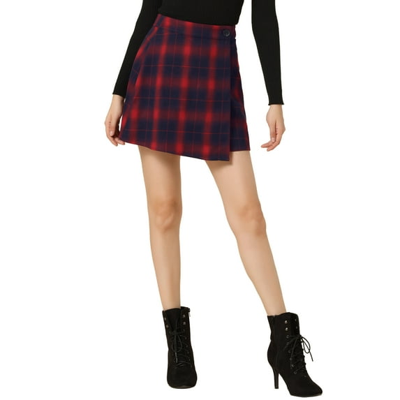 INSPIRE CHIC Women's Skirt Casual High Waist Button Plaid Layers Mini Skirt M Red Blue