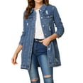 thumbnail image 1 of INSPIRE CHIC Women's Casual Long Sleeve Button Down Long Distressed Denim Jacket S Light Blue, 1 of 6