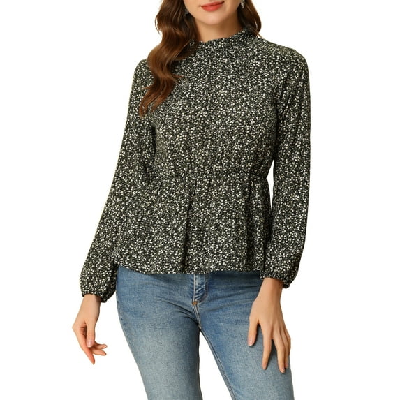 INSPIRE CHIC Women's Casual Long Sleeve Ruffle Neck Floral Mock Collar Peplum Top L Black