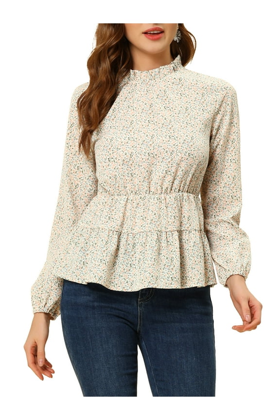 Women's Casual Long Sleeve Ruffle Neck Floral Mock Collar Peplum Top S White
