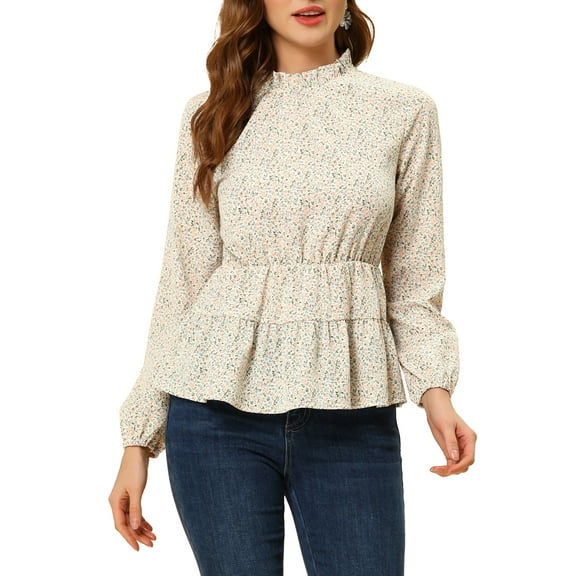 INSPIRE CHIC Women's Casual Long Sleeve Ruffle Neck Floral Mock Collar Peplum Top S White