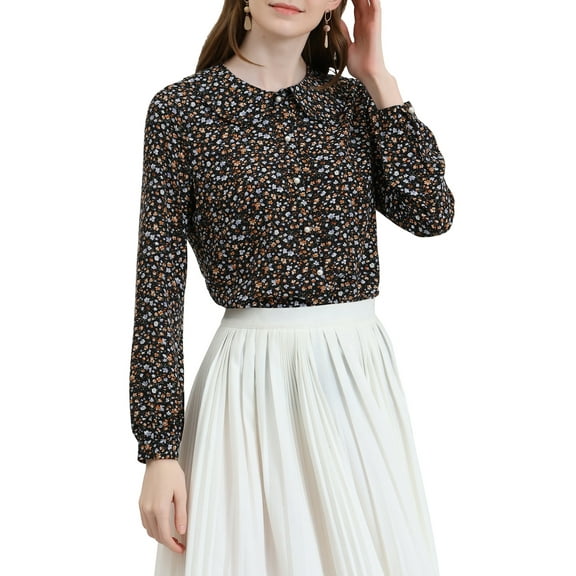 INSPIRE CHIC Women's Casual Peter Pan Collar Floral Chiffon Top Shirt