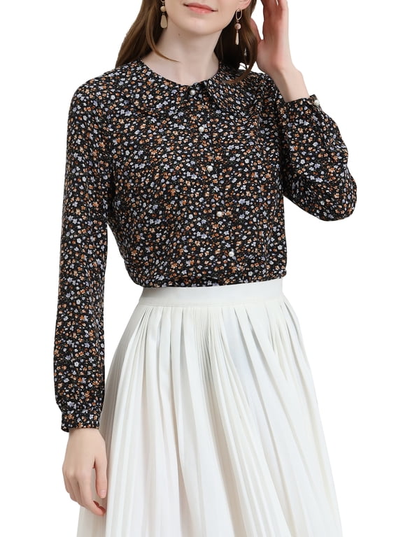 Women's Casual Peter Pan Collar Floral Chiffon Top Shirt