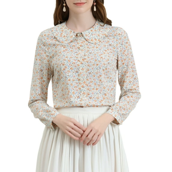 INSPIRE CHIC Women's Casual Peter Pan Collar Floral Chiffon Top Shirt