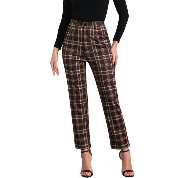 INSPIRE CHIC Women's Plaid Cropped Trousers Button Casual Tartan Check Work Pants M Red Brown