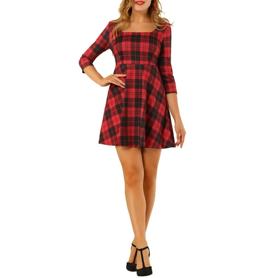 INSPIRE CHIC Women's Casual Plaid Square Neck Short Sleeve Dress Red S