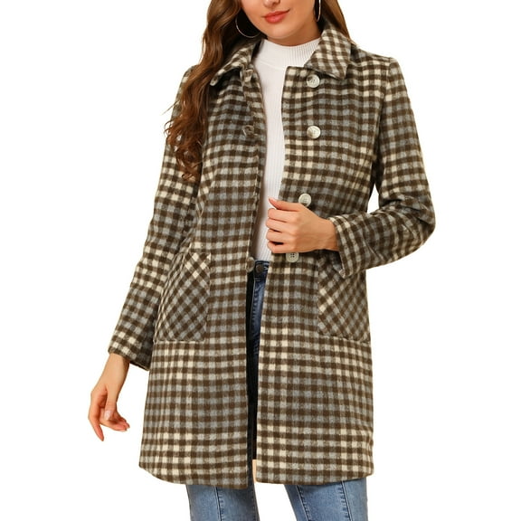 INSPIRE CHIC Women's Casual Plaid Turn Down Collar Mid Length Woolen Overcoat Coffee S
