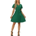 thumbnail image 1 of INSPIRE CHIC Women's Casual Pleated V Neck Belted Short Flutter Sleeve Dresses, 1 of 4