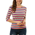 thumbnail image 1 of Allegra K Women's Casual Round Neck Elbow Sleeves Slim Fit Stripes T-Shirt, 1 of 6