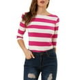 thumbnail image 1 of Allegra K Women's Casual Round Neck Elbow Sleeves Slim Fit Stripes T-Shirt, 1 of 6
