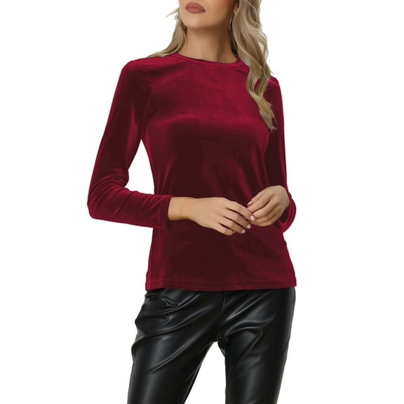 INSPIRE CHIC Women's Casual Round Neck Long Sleeves Stretchy Velvet Blouse M Wine Red