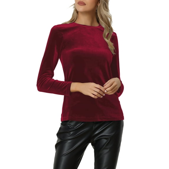 INSPIRE CHIC Women's Casual Round Neck Long Sleeves Stretchy Velvet Blouse S Wine Red