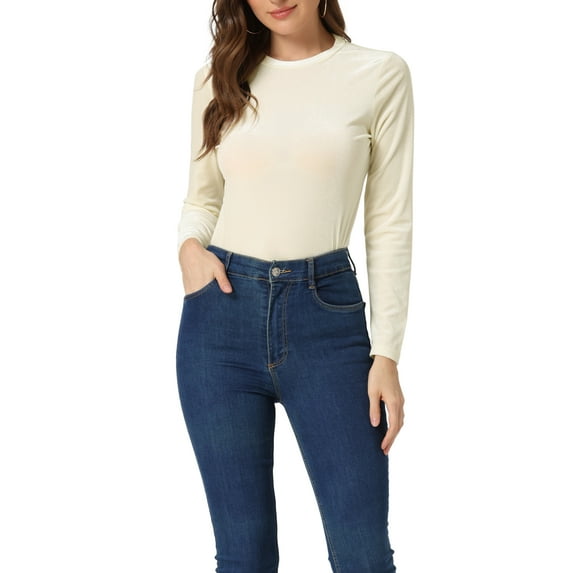 INSPIRE CHIC Women's Casual Round Neck Long Sleeves Stretchy Velvet Blouse XS Apricot