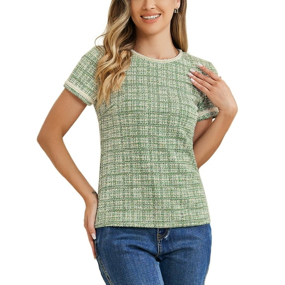 INSPIRE CHIC Women's Casual Round Neck Pearl Decoration Short Sleeve Tweed Top