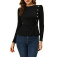 thumbnail image 1 of INSPIRE CHIC Women's Casual Round Neck Puff Long Sleeve Button Decor Peplum Blouse XS Black, 1 of 6