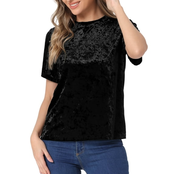 Allegra K Women's Casual Round Neck Short Sleeve Velvet Top XS Black