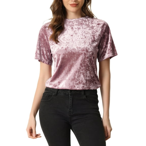 INSPIRE CHIC Women's Casual Round Neck Short Sleeve Velvet Top XS Pink