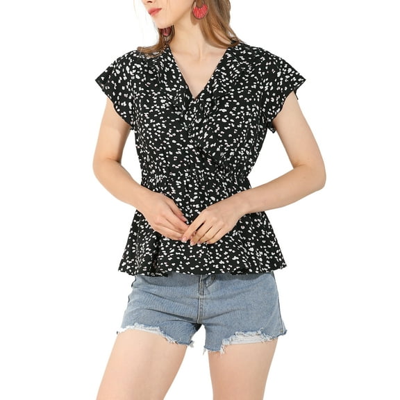 INSPIRE CHIC Women's Casual Ruffle Neck Faux Wrap Ditsy Floral Peplum Top L Black