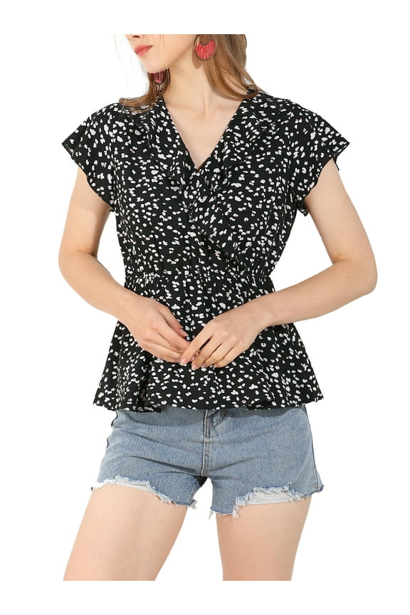 Women's Casual Ruffle Neck Faux Wrap Ditsy Floral Peplum Top L Black