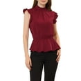 thumbnail image 1 of INSPIRE CHIC Women's Casual Ruffle Sleeve Pleated Frill Collar Peplum Blouse Tops M Burgundy, 1 of 5
