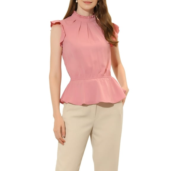 INSPIRE CHIC Women's Casual Ruffle Sleeve Pleated Frill Collar Peplum Blouse Tops M Pink