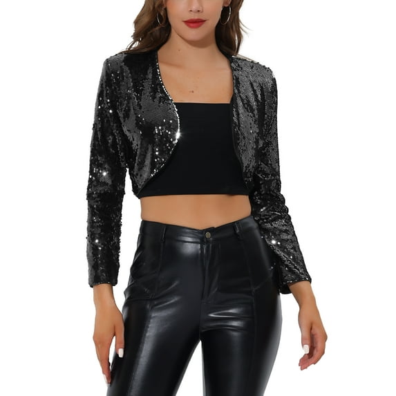 Allegra K Women's Casual Sequin Open Front Crop Shrug Jacket