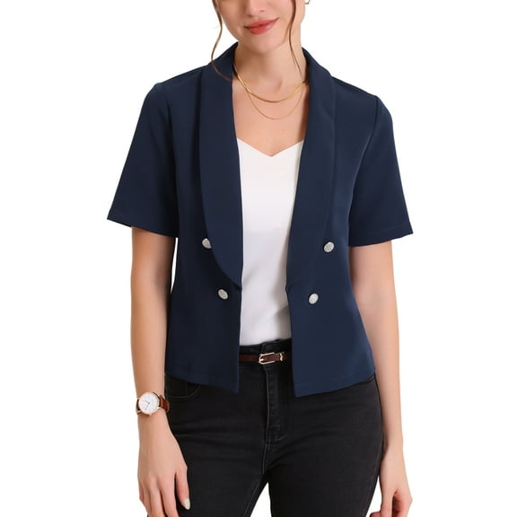 INSPIRE CHIC Women's Casual Shawl Collar Open Front Cardigan Short Sleeve Work Office Suit Blazers S Navy Blue