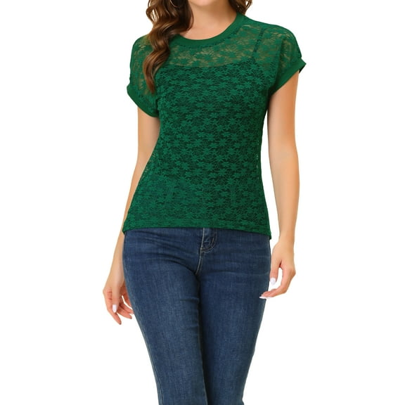 INSPIRE CHIC Valentine's Day Women's Casual Sheer Short Sleeves Floral Lace Top M Dark Green
