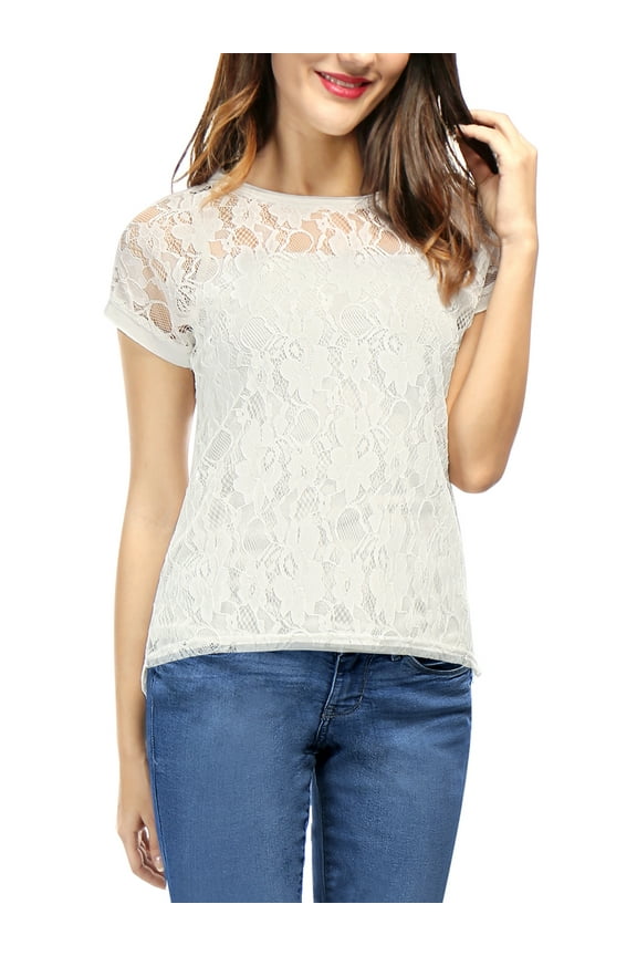 Valentine's Day Women's Casual Sheer Short Sleeves Floral Lace Top M White