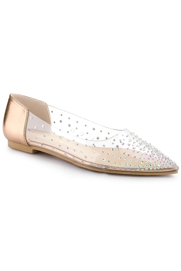 Women's Casual Shoes Pointy Toe Clear Rhinestone Ballet Flats Champagne Gold 10