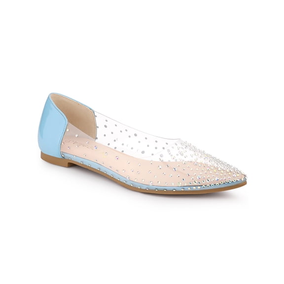 BLISSFUL STEP Women's Casual Shoes Pointy Toe Clear Rhinestone Ballet Flats Lake Blue 7.5
