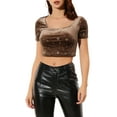thumbnail image 1 of INSPIRE CHIC Women's Casual Short Sleeve Cute Scoop Neck Velvet Fitted Crop Top M Brown, 1 of 6