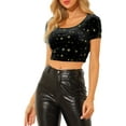 thumbnail image 1 of INSPIRE CHIC Women's Casual Short Sleeve Cute Scoop Neck Velvet Fitted Crop Top S Black, 1 of 7