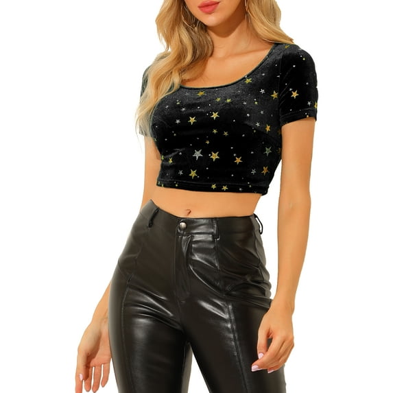INSPIRE CHIC Women's Casual Short Sleeve Cute Scoop Neck Velvet Fitted Crop Top S Black