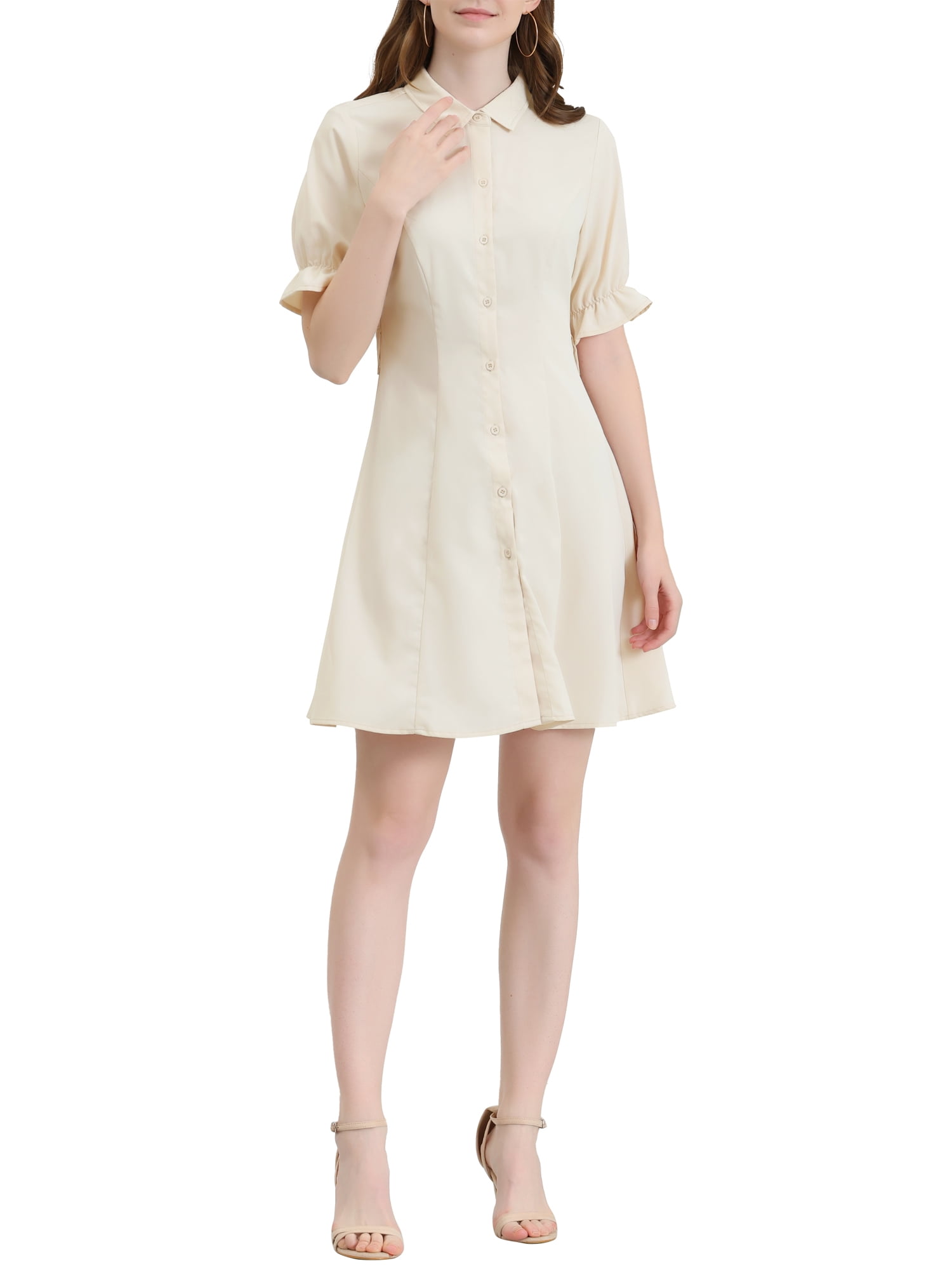 cream color shirt dress Long Sleeve Button Down Ruched Shirt Dress In Cream | EGO US