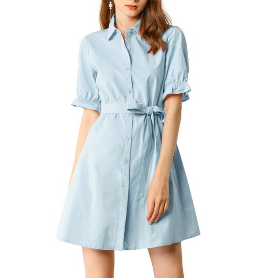 INSPIRE CHIC Women's Casual Short Sleeve Solid Color Button Down Shirt Dress S Light Blue