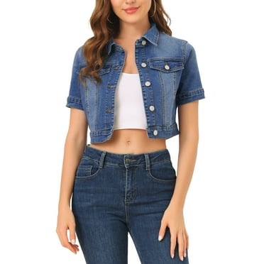 Allegra K Women's Casual Short Sleeves Button Cropped Denim Jacket L Blue