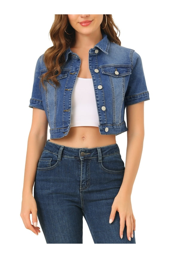 Women's Cropped Denim Jacket Short Sleeve Button Front Jean Jacket M Blue