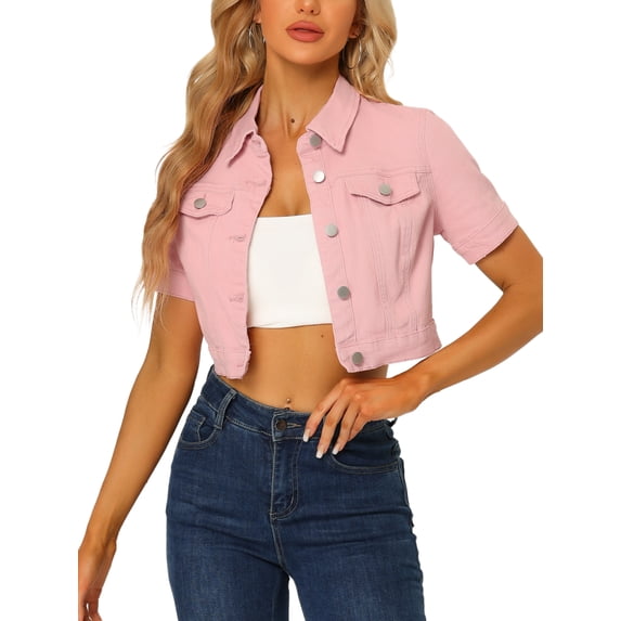 INSPIRE CHIC Mother's Day Women's Cropped Denim Jacket Short Sleeve Button Front Jean Jacket M Pink