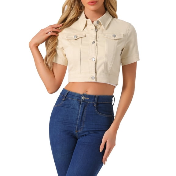 Casual Denim Jacket for Women Short Sleeves Crop Jean Denim Jacket S Apricot