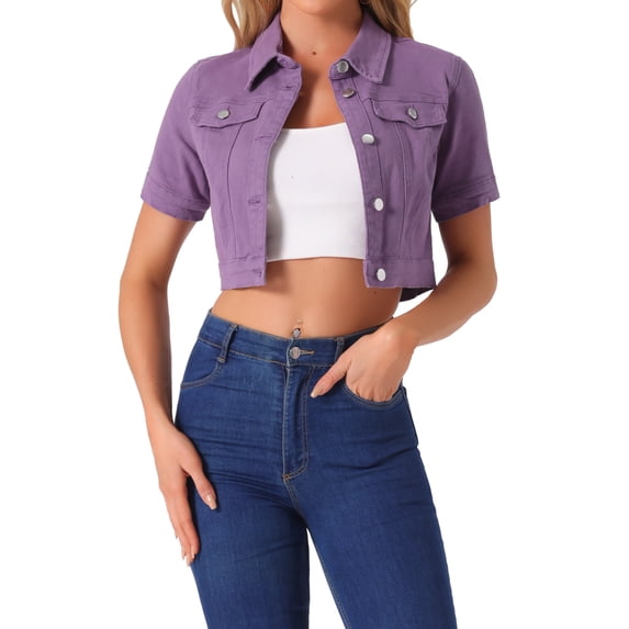 INSPIRE CHIC Women's Cropped Denim Jacket Short Sleeve Button Front Jean Jacket XL Purple