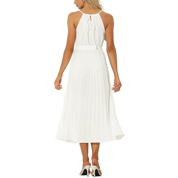 INSPIRE CHIC Women’s Casual Sleeveless Halter Neck Belted A-Line Cocktail Pleated Dress