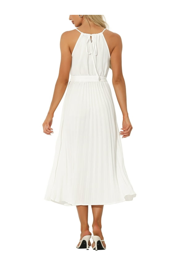 Women’s Casual Sleeveless Halter Neck Belted A-Line Cocktail Pleated Dress