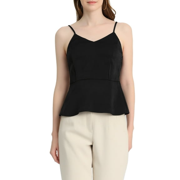 INSPIRE CHIC Women's Casual Spaghetti Strap V Neck Peplum Sleeveless Top L Black