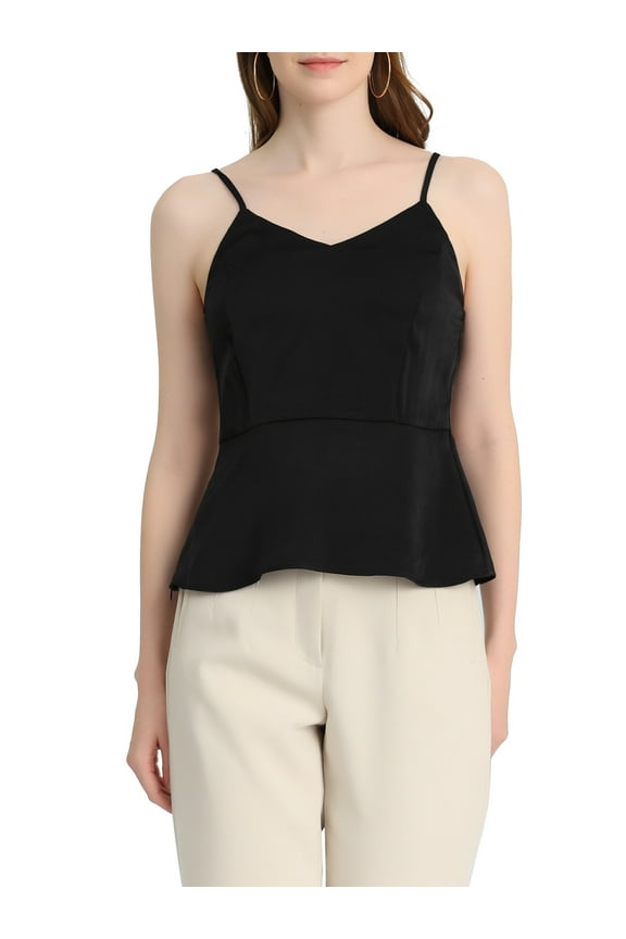 Women's Casual Spaghetti Strap V Neck Peplum Sleeveless Top S Black