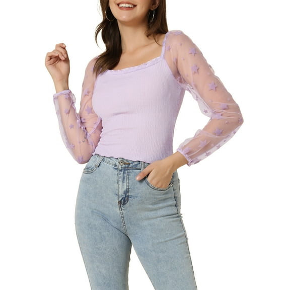 INSPIRE CHIC Women's Casual Square Neck Star Print Mesh Sheer Long Sleeve Textured Crop Top
