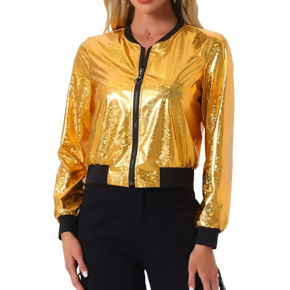 INSPIRE CHIC Women's Casual Stand Collar Metallic Zip Crop Length Bomber Jacket M Golden