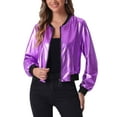 thumbnail image 1 of INSPIRE CHIC Women's Casual Stand Collar Metallic Zip Crop Length Bomber Jacket M Light Purples, 1 of 6